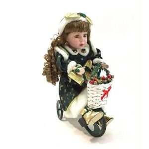 Christmas Porcelain Doll on Tricycle Green Gold Star Coat Faux Fur Holiday Decor